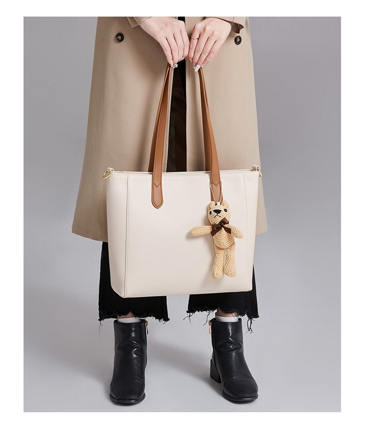 Womens Faux Leather Large Capacity Handbag with Teddy Bear Charm